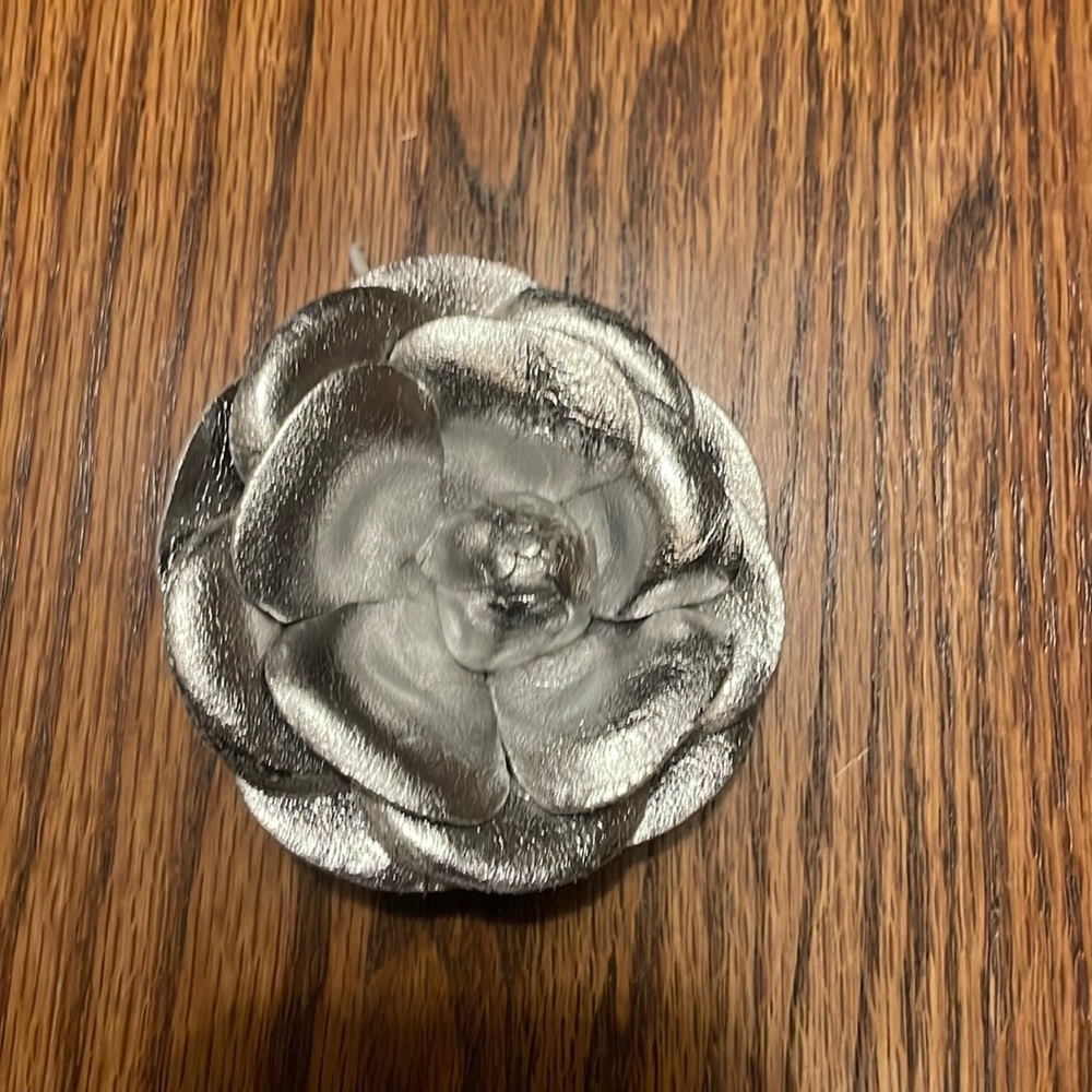 Silver Leather Camelia Brooch Pin